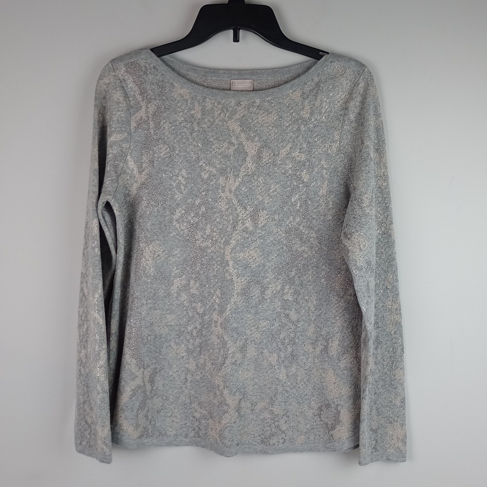 Chico's Womens M Gray Cream Metallic Abstract Long Sleeve Boat Neck Knit Top